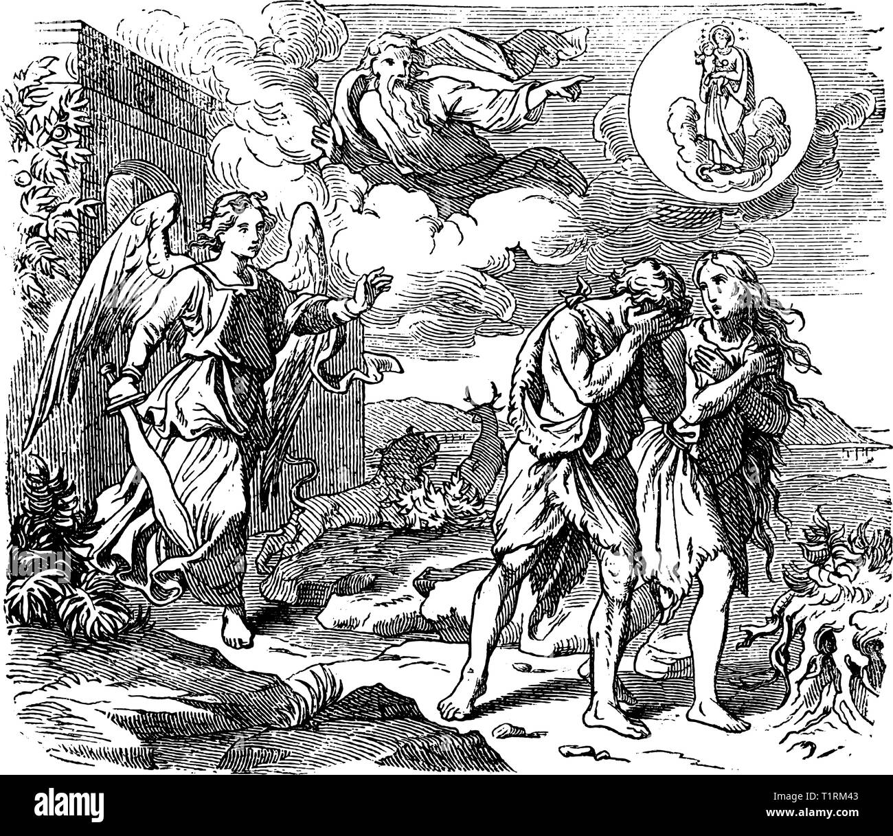 Vintage antique illustration and line drawing or engraving of biblical Adam and Eve leaving Garden of Eden. Expulsion from paradise by angel or cherubim with flaming sword.Genesis 3:24. Stock Vector