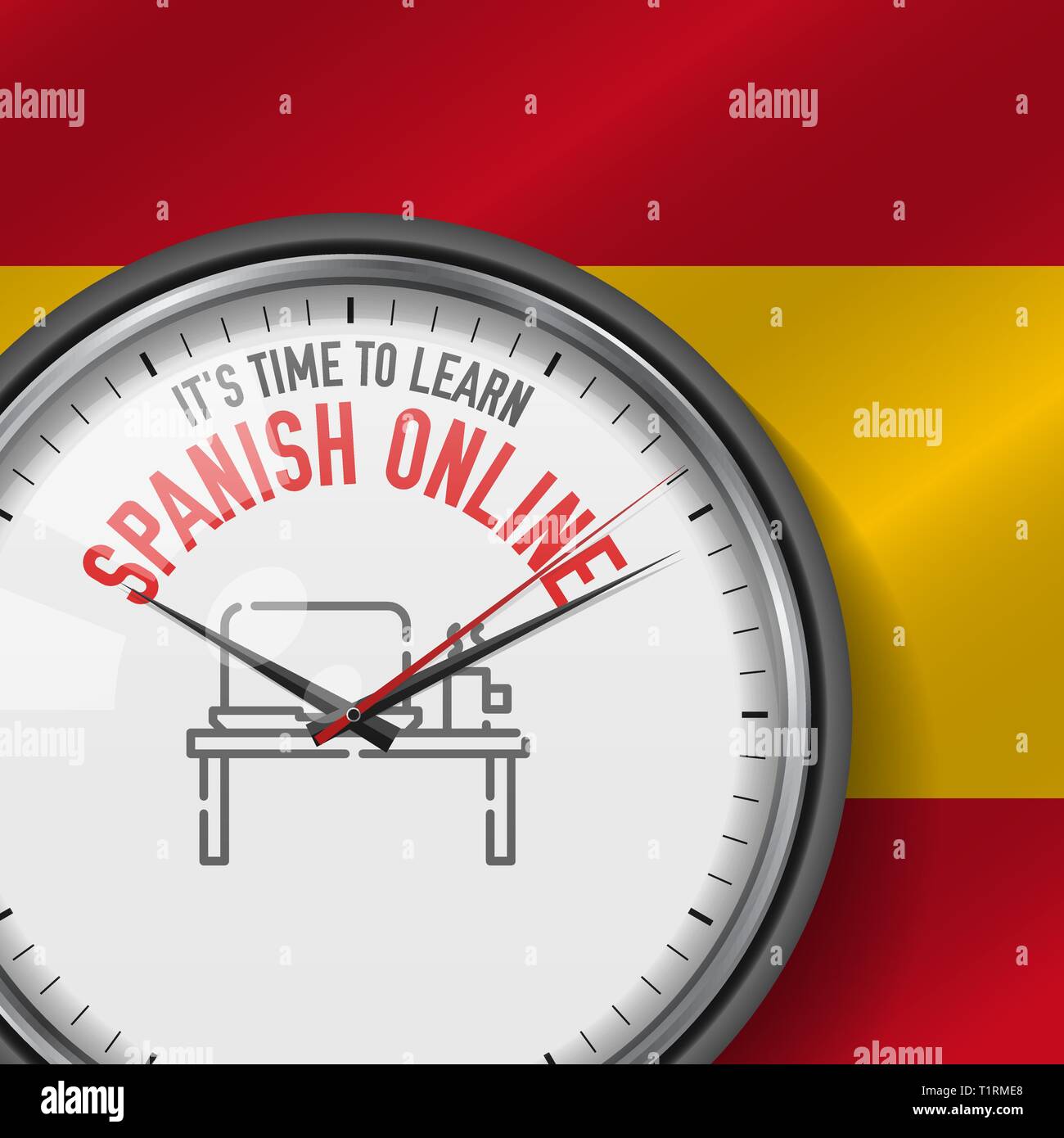 It S Time To Learn Spanish Online White Vector Clock With Motivational Slogan Analog Metal Watch With Glass Desk Icon Stock Vector Image Art Alamy
