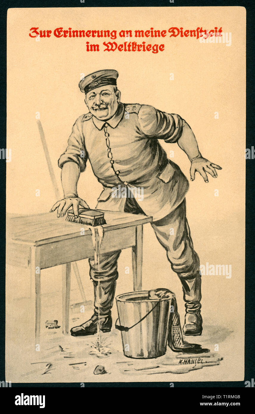 Germany, Saxony, Königsbrück, WW I, propaganda, patriotic artist postcard with the text: 'Zur Erinnerung an meine Dienstzeit im Weltkriege' (in memory of my service in WW I), also there is s drawing of an soldier cleaning a table (barrack room service),  the artist was K. Hänsel, postcard was sent 23. 02. 1916. , Additional-Rights-Clearance-Info-Not-Available Stock Photo