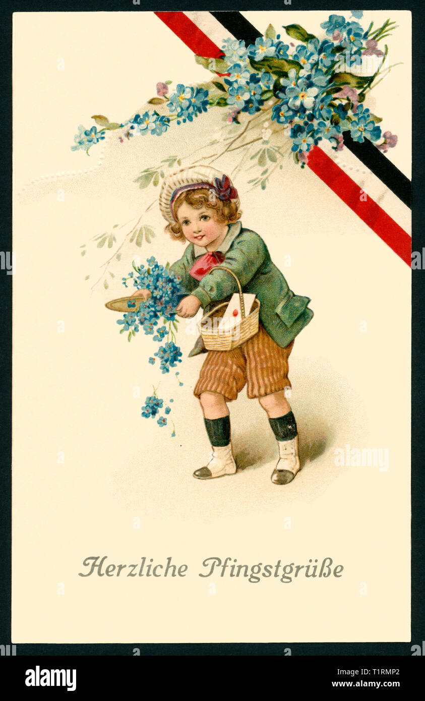Germany, Saxony, Dresden, WW I, propaganda, patriotic Whitsun postcard with the text ' Warmest Whitsun greetings ', also a little girl with an basket und forget-me-not ad a black-white-ted ribbon, postcard sent 21. 05. 1915. , Additional-Rights-Clearance-Info-Not-Available Stock Photo