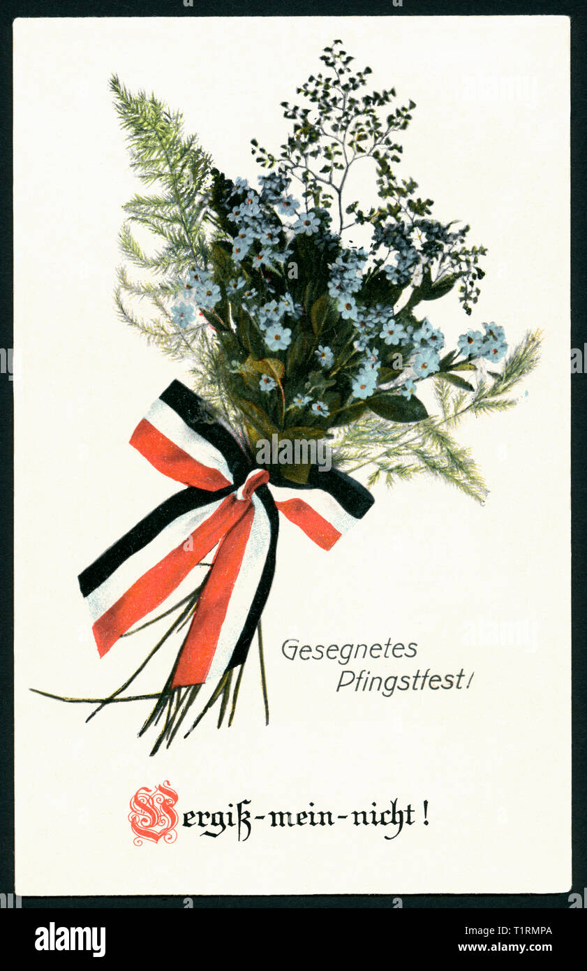Lower Saxony, Duderstadt, WW I, propaganda, patriotic Whitsun postcard with the text: 'Blessed Whitsun !  Forget-me-not ! ' and a bunch of forget-me-not with a black-white-red ribbon, postcard sent 23. 05. 1915. , Additional-Rights-Clearance-Info-Not-Available Stock Photo