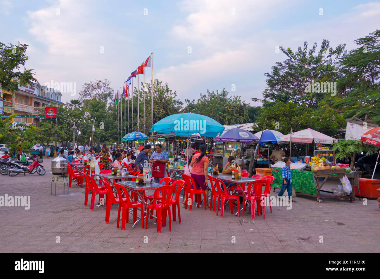 Night market, dinner area, riverside, Battambang, Cambodia, Asia Stock Photo
