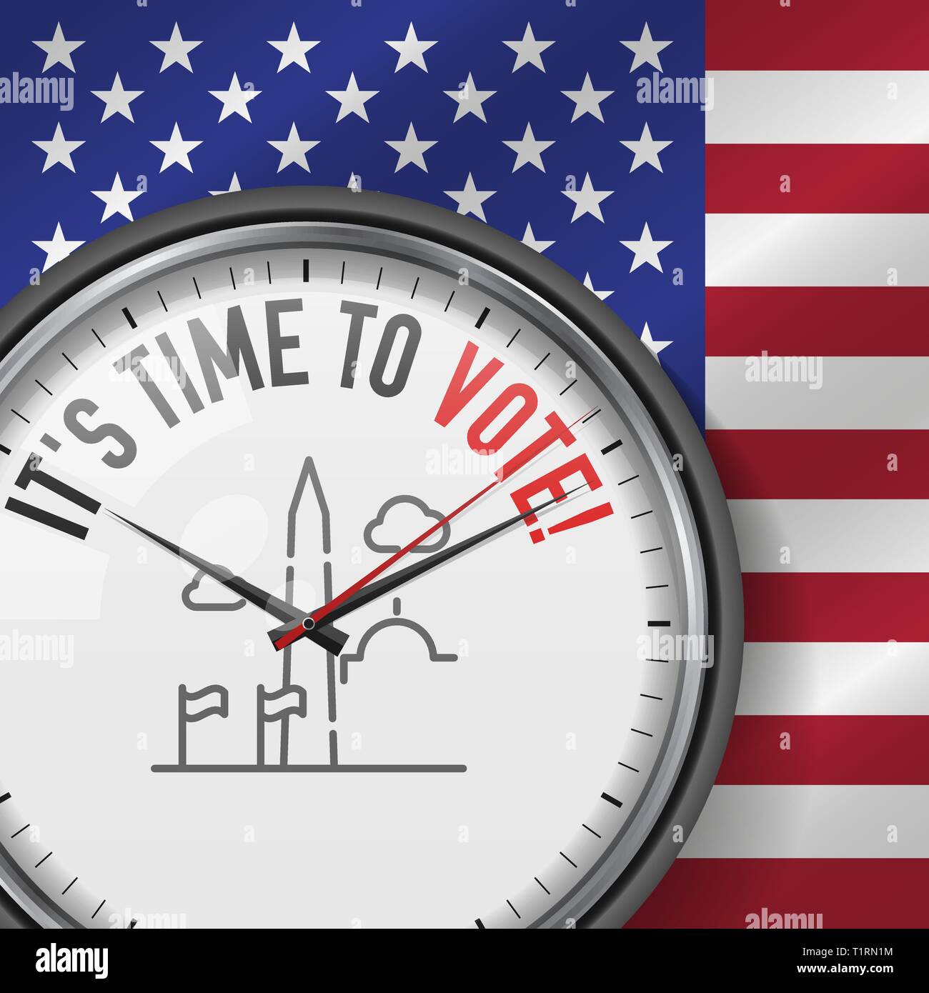 It's Time to Vote. White Vector Clock with Motivational Slogan. Analog Metal Watch with Glass
