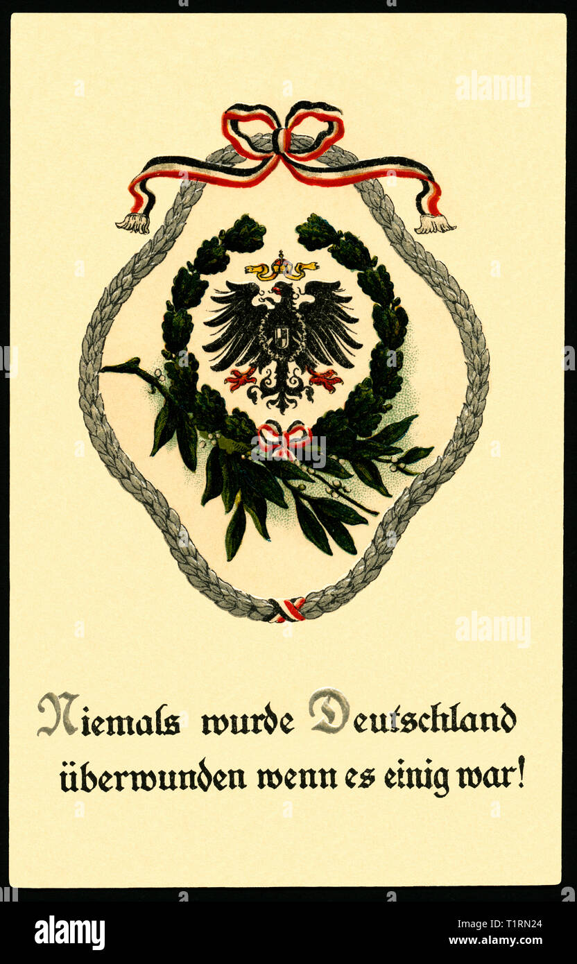 Germany, Berlin, WW I, propaganda, patriotic postcard with the text: 'Germany was never overcome, if it was agreed ! ' with laurel wreath, sent 10. 08. 1916. , Additional-Rights-Clearance-Info-Not-Available Stock Photo