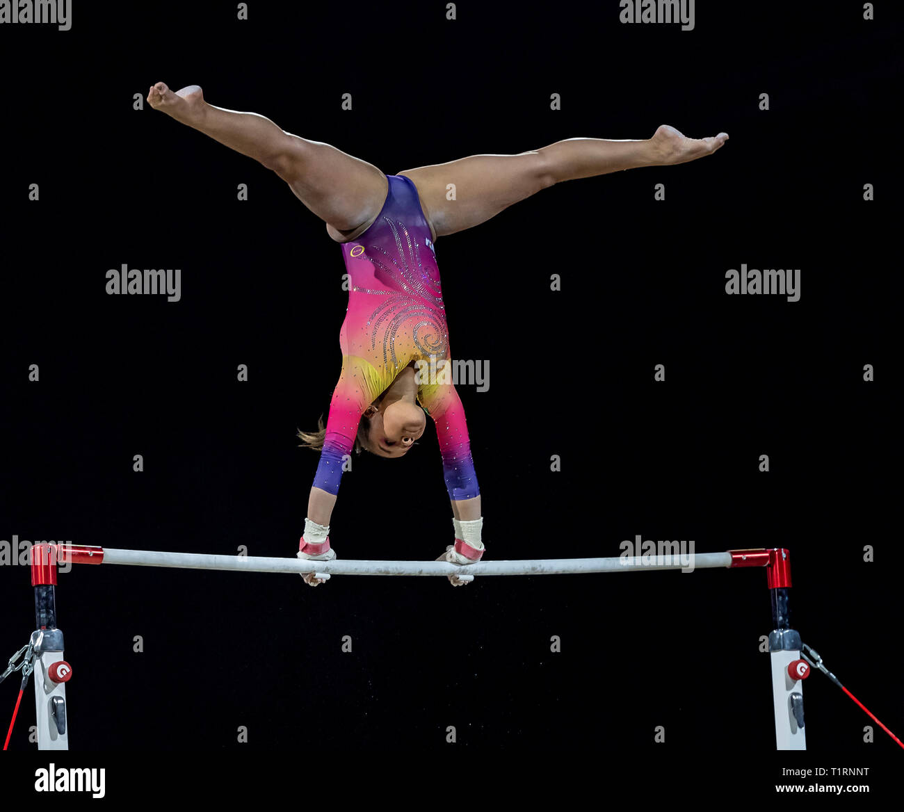 22.03.2019. Resorts World Arena, Birmingham, England. The Gymnastics World Cup 2019 THAIS FIDELISN (BRA) during the Womens uneven bars with a score of Stock Photo