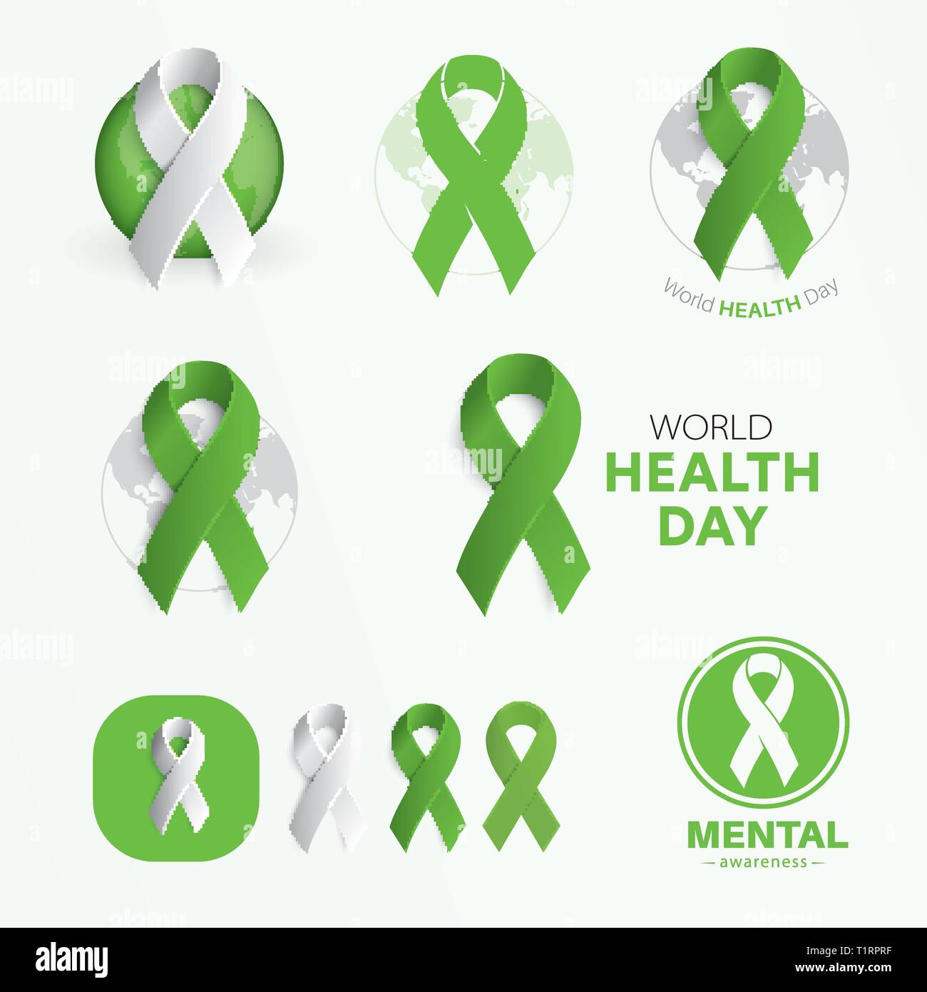 World Health Day symbols. Modern abstract vector signs set. Flat green color ribbons. Template for the charity event, medical logo, flyer Stock Vector