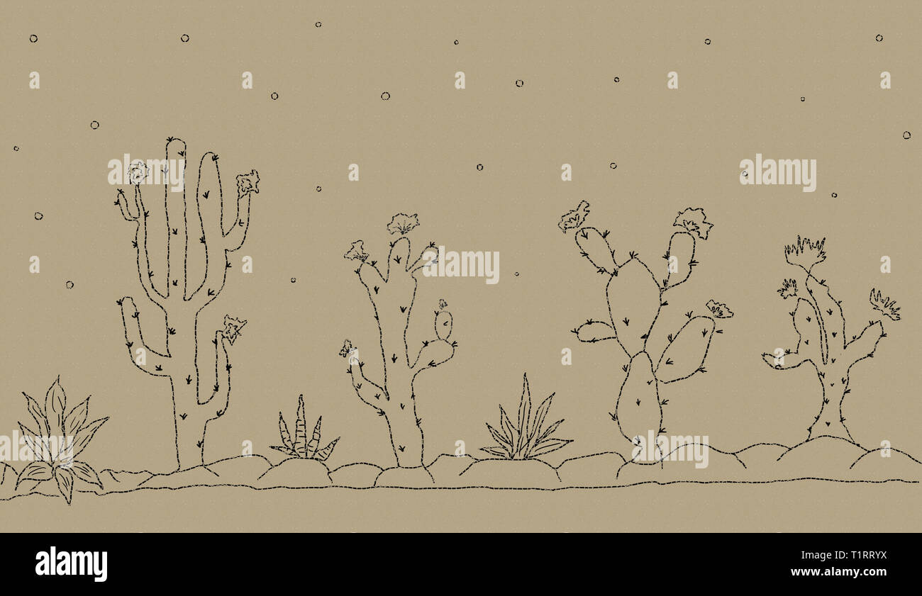 Drawn set of cacti and succulent plants isolated on craft paper ...
