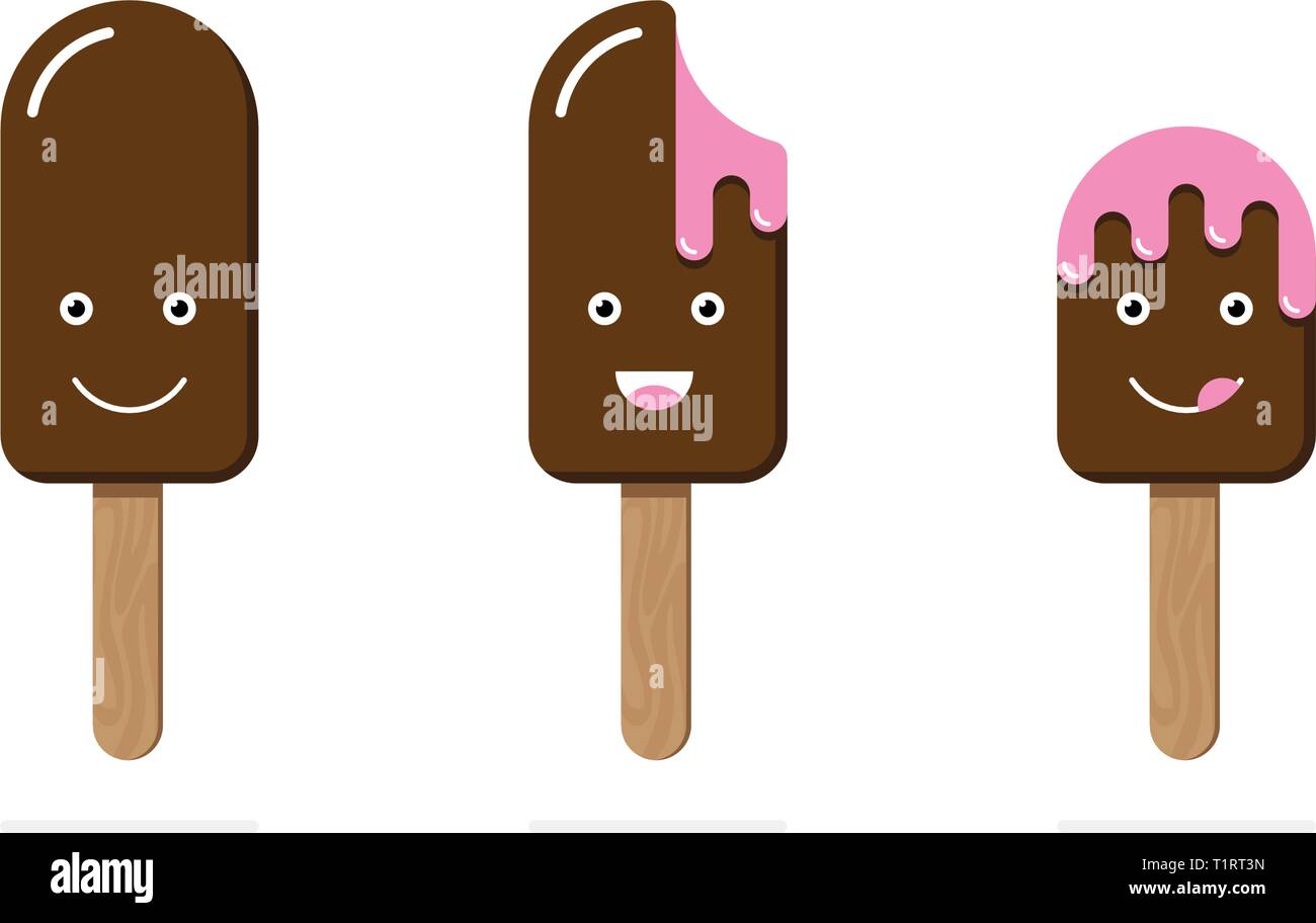 Ice cream on wooden stick chocolate glaze pink filling different emotion face emoji set smile funny laugh licking lips melting. Vector illustration ca Stock Vector