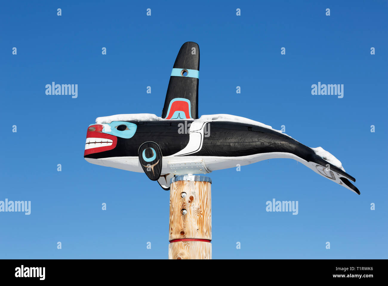 Killer Whale Totem at Carcross Commons, Yukon, Canada Stock Photo