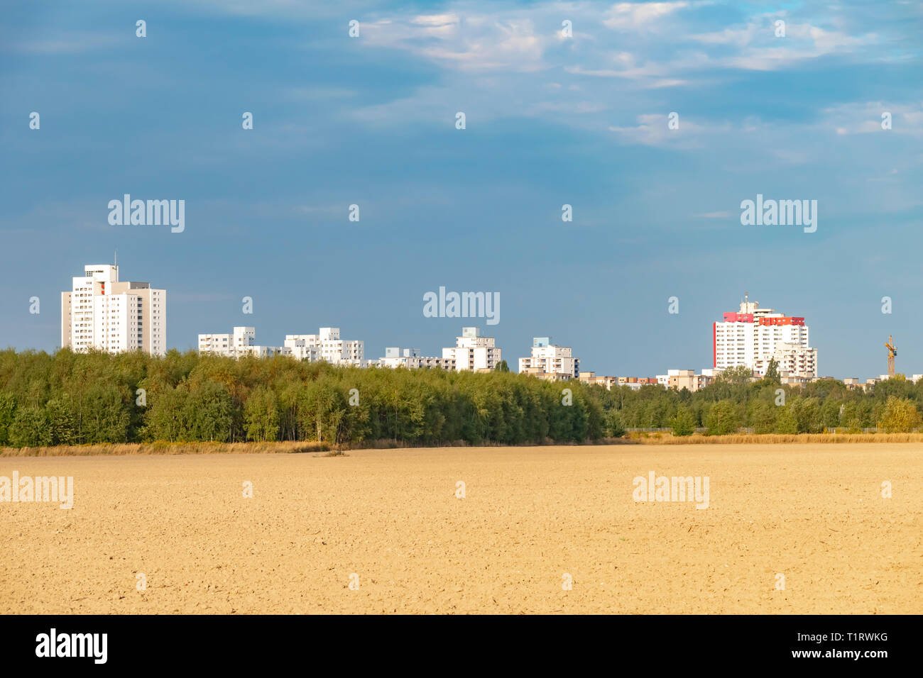 View over a harvested field to the satellite city Gropiusstadt in Berlin-Neukoelln illuminated by the sun. Stock Photo
