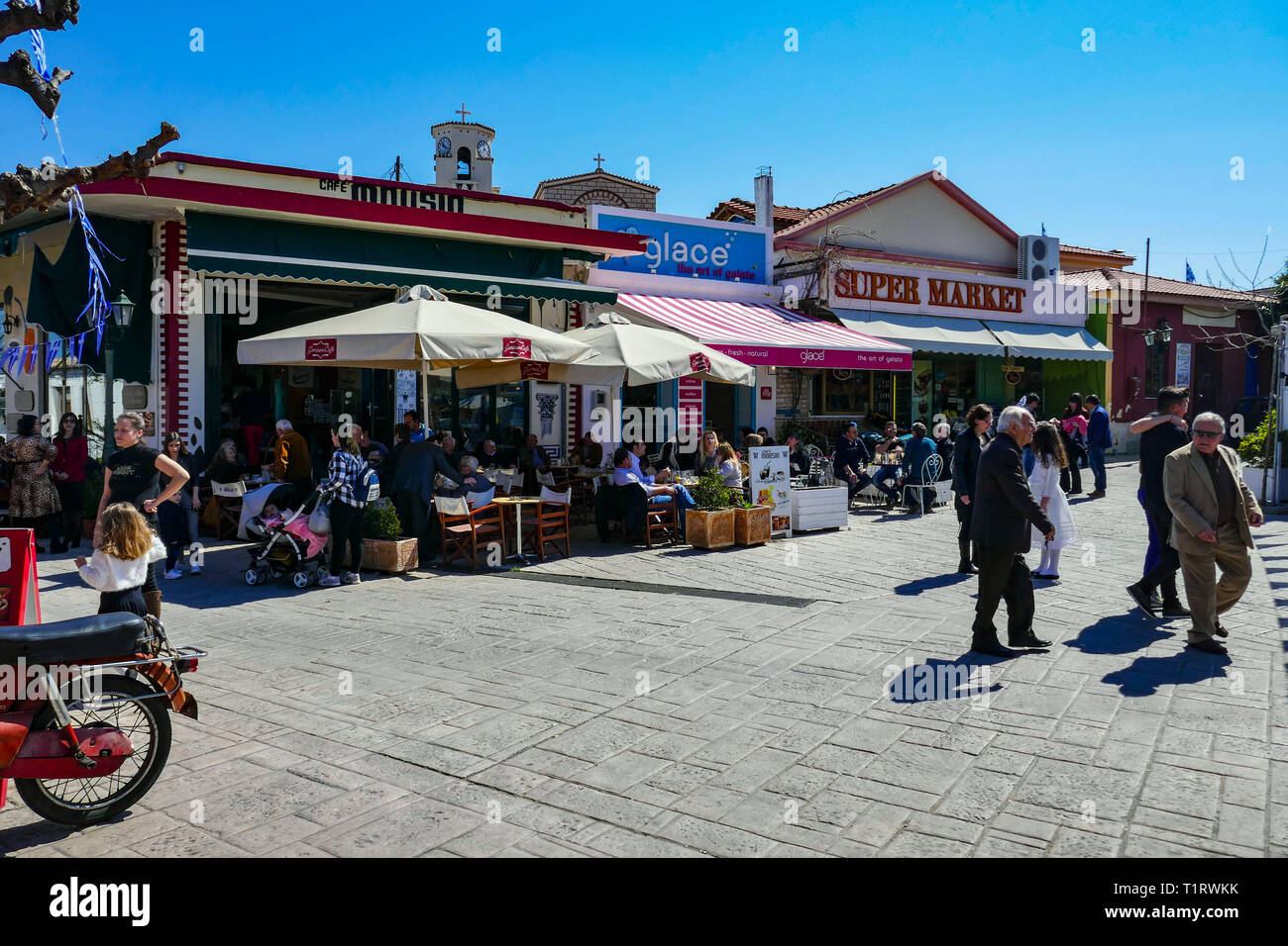 Families enjoying sunshine in Ancient Corinth on Greek Independence Day, March 25th Stock Photo