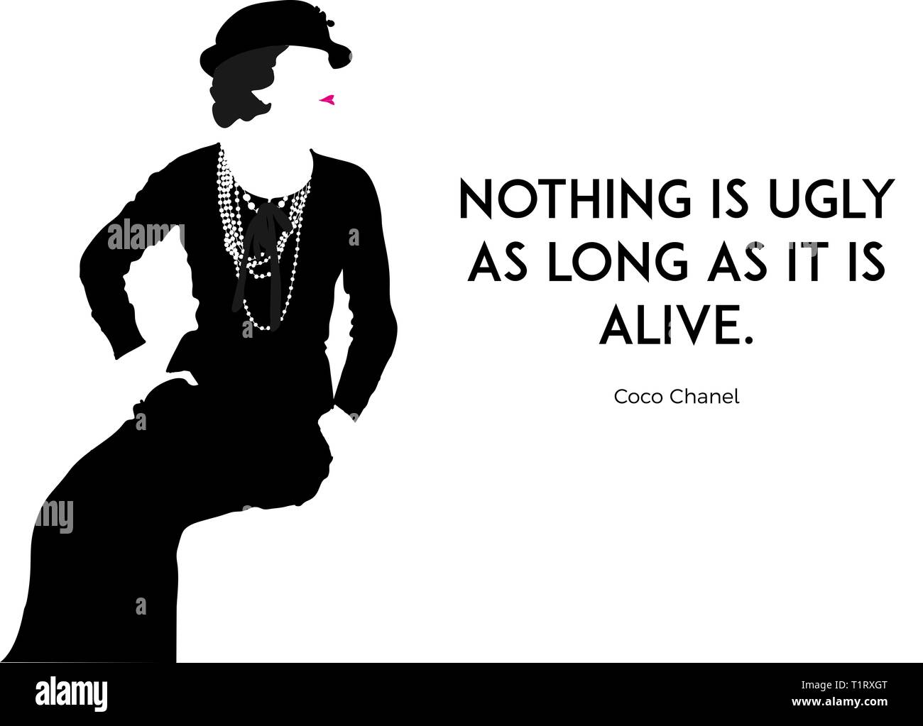 Illustration, graphic with Coco Chanel quote " Nothing is ugly as long as  it is alive." Minimalism, little black dress, pearl. Simple font Stock  Photo - Alamy
