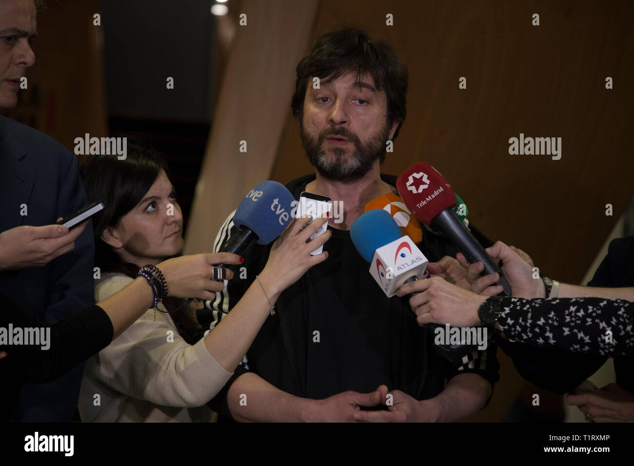 Rafa Mayoral seen speaking to the media. Political debate in Madrid of the political party Podems with the participation of Deputy Rafael Mayoral and the candidate for the Valencian Community, Hector Ilueca. The debate was behind closed doors. Stock Photo