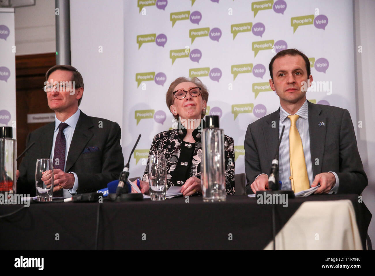Conservative former Attorney General (L), Dominic Grieve MP - Labour former Foreign Secretary (C), Margaret Beckett MP - SNP Foreign Affairs and Europe (R) Stephen Gethins are seen at a People's Vote press conference in Westminster setting out an analysis of the different Brexit options facing Members of Parliament in indicative votes.  British Prime Minister Theresa May told the backbench Tory MPs this evening that she will stand down if they back her EU withdrawal deal. Stock Photo