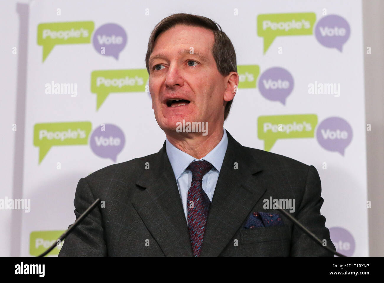 Dominic Grieve MP - Conservative former Attorney General is seen speaking at a People's Vote press conference in Westminster setting out an analysis of the different Brexit options facing Members of Parliament in indicative votes. British Prime Minister Theresa May told the backbench Tory MPs this evening that she will stand down if they back her EU withdrawal deal. Stock Photo