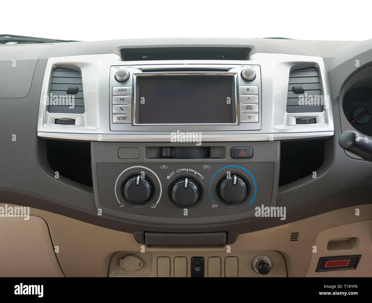 Toyota Vigo Champ 3000 Turbo Car Interior Console include Touch Screen Monitor Air Condition Car Cigarette Lighter Stereo. Toyota Vigo Champ 3000 Turb Stock Photo