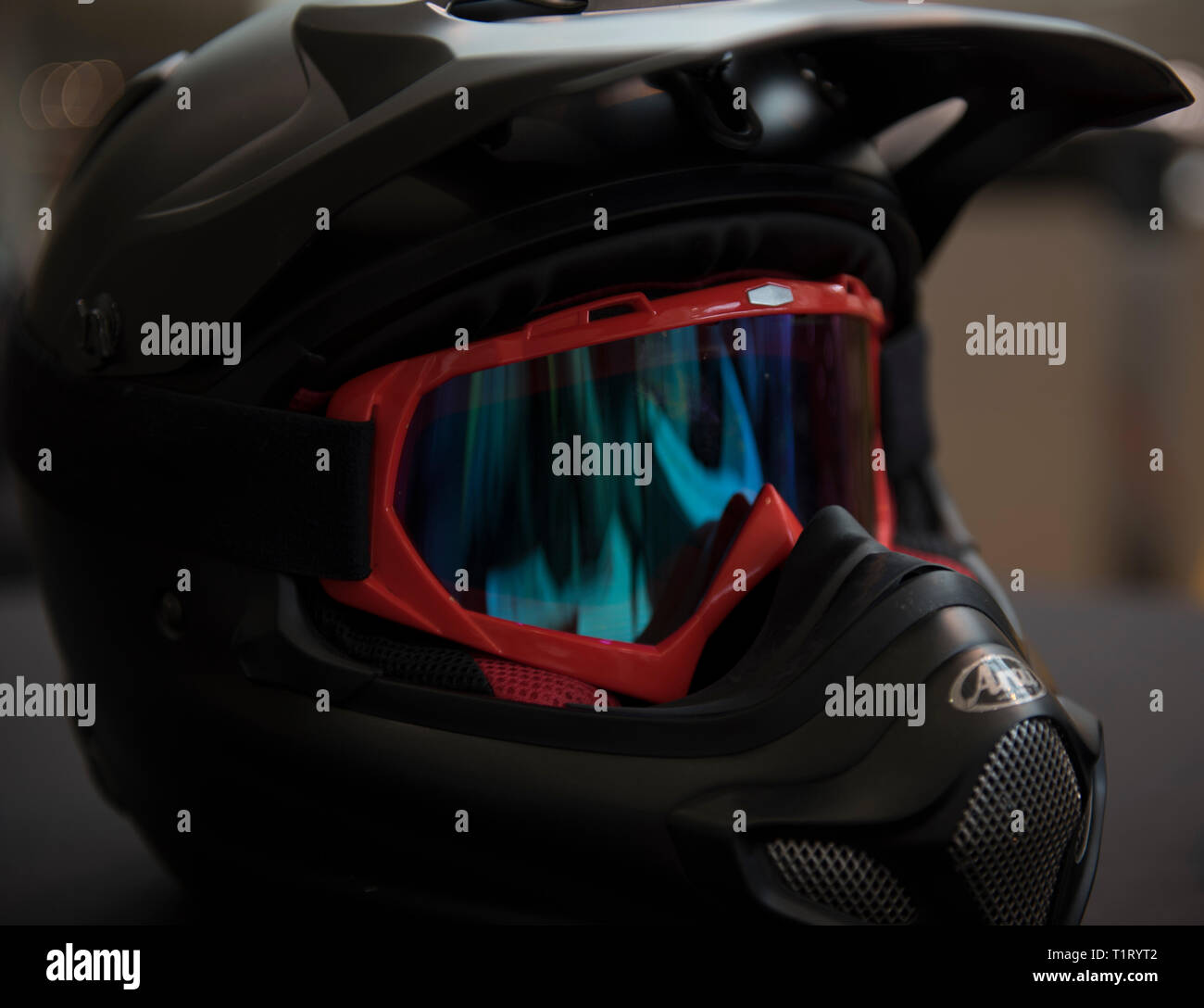 A motorcycle helmet sits on display for riders attending the 86th Airlift Wing annual pre-season motorcycle safety briefing at the Kaiserslautern Military Community Center on Ramstein Air Base, Germany, March 15, 2019. The briefing covered safety precautions, German road laws, proper protective gear to wear while riding, and testimonies from guest speakers. ( U.S. Air Force photo by Airman 1st Class Kaylea Berry) Stock Photo