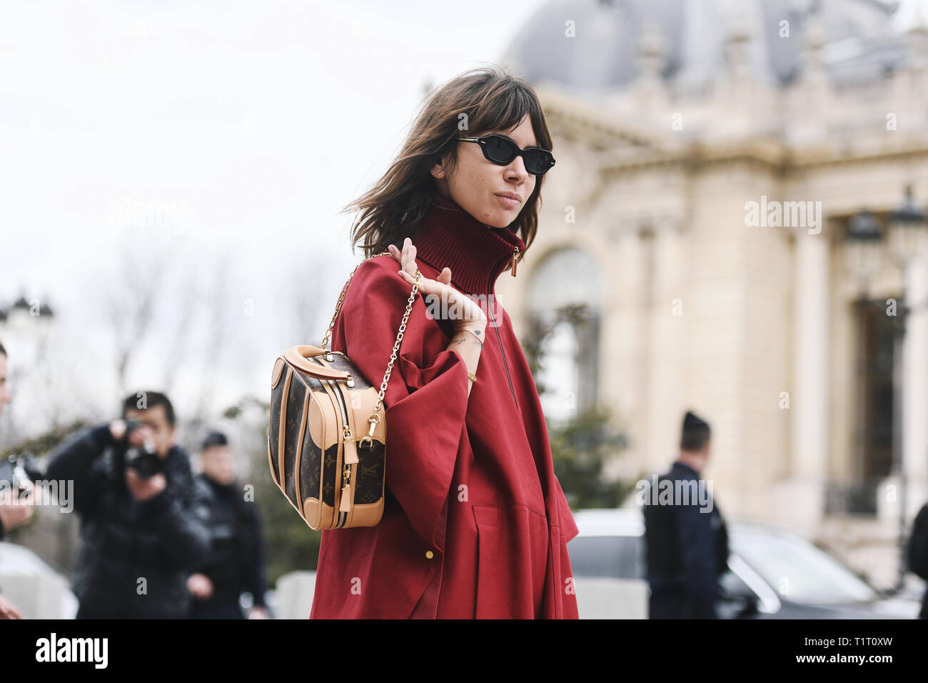 Paris, France - February 28, 2019: Street style outfit -  Natasha Goldenberg before a fashion show during Paris Fashion Week - PFWFW19 Stock Photo