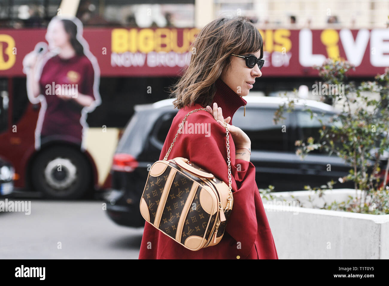 Paris, France - February 28, 2019: Street style outfit -  Natasha Goldenberg before a fashion show during Paris Fashion Week - PFWFW19 Stock Photo