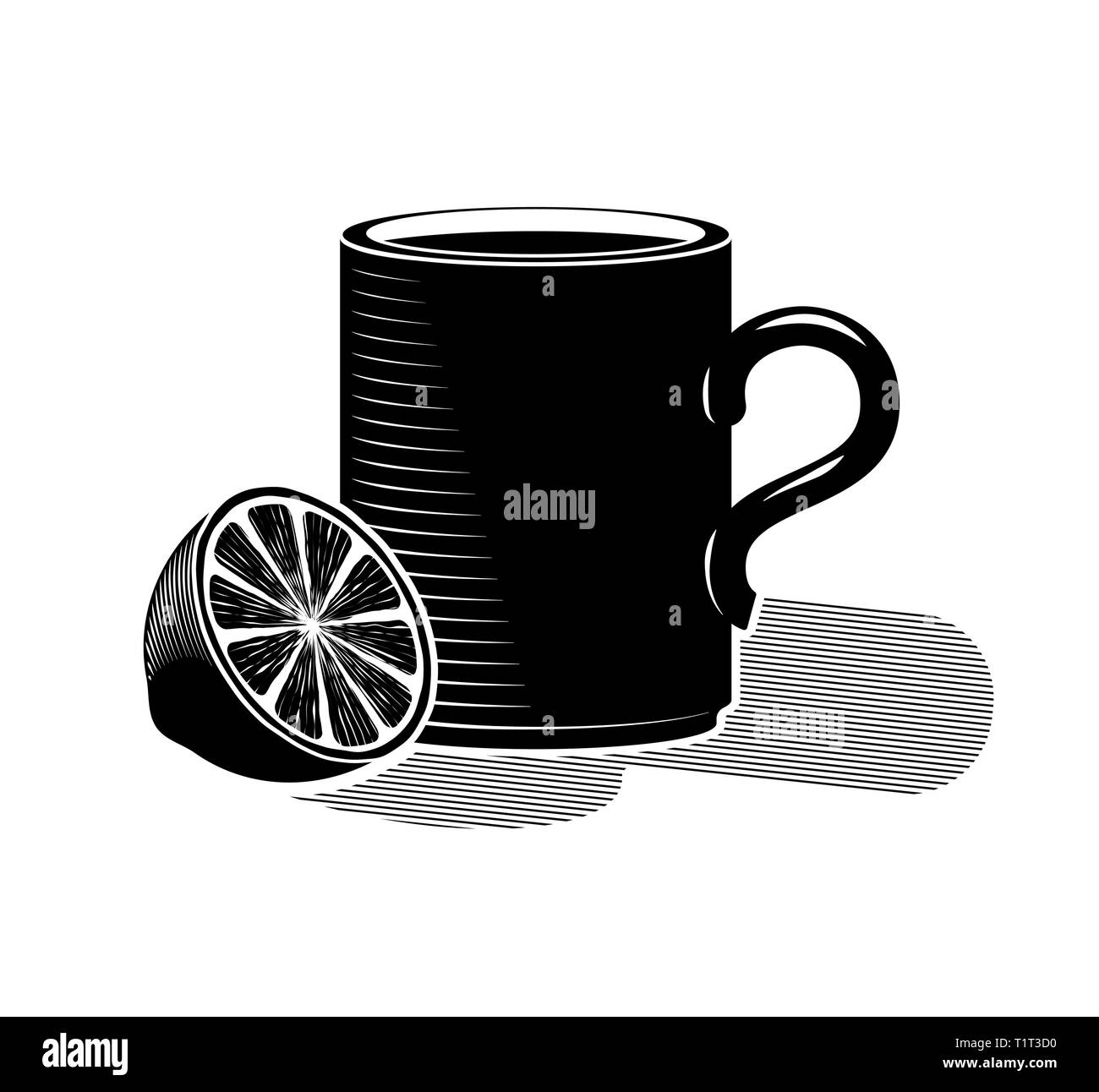A Cup Of Hot Tea And Half A Lemon Black Drawing On White