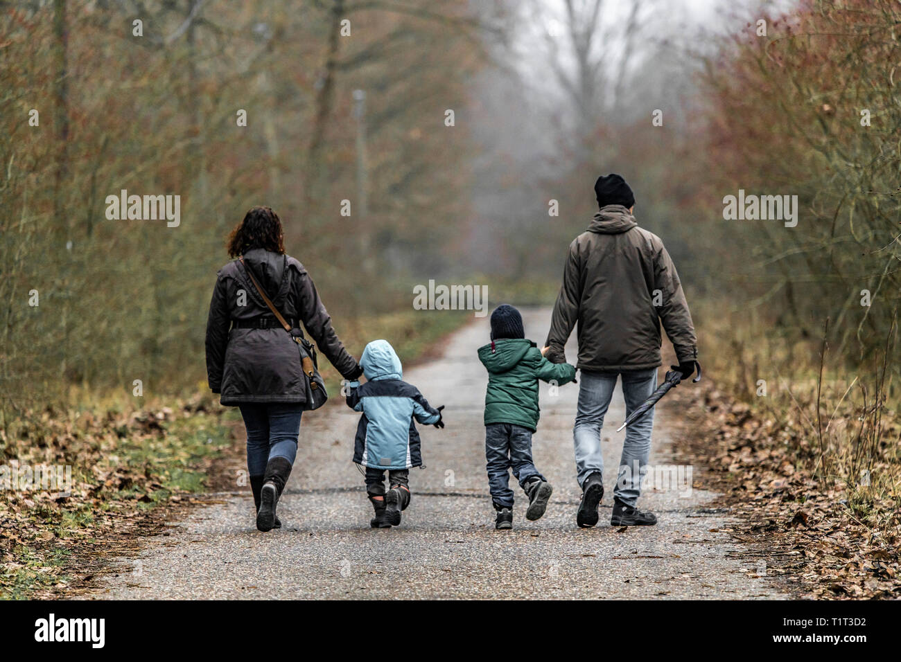 Familie, Mutter, Vater, zwei Kinder bei einem Spaziergang, Stock Photo