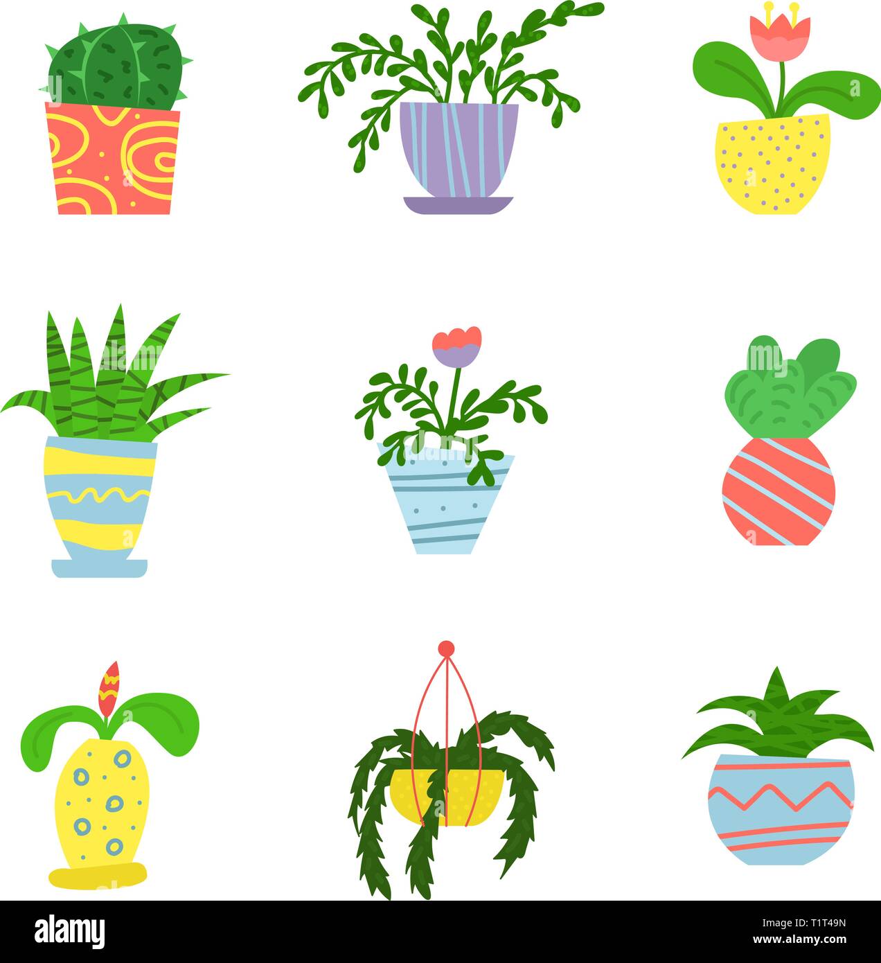 Flat house plants in a cartoon style. Set of flowers in pots. Interior. Vector illustration. Stock Vector