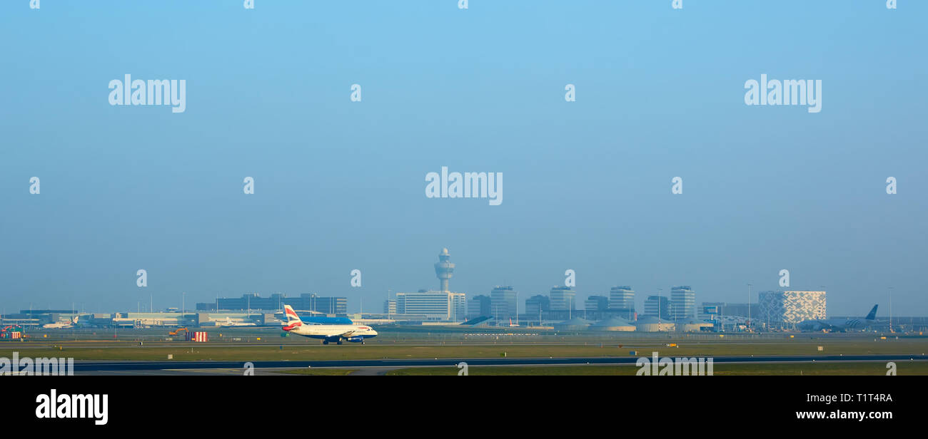 Amsterdam, Netherlands - March 11, 2016: Amsterdam Airport Schiphol in Netherlands. AMS is the Netherlands' main international airport, located Stock Photo