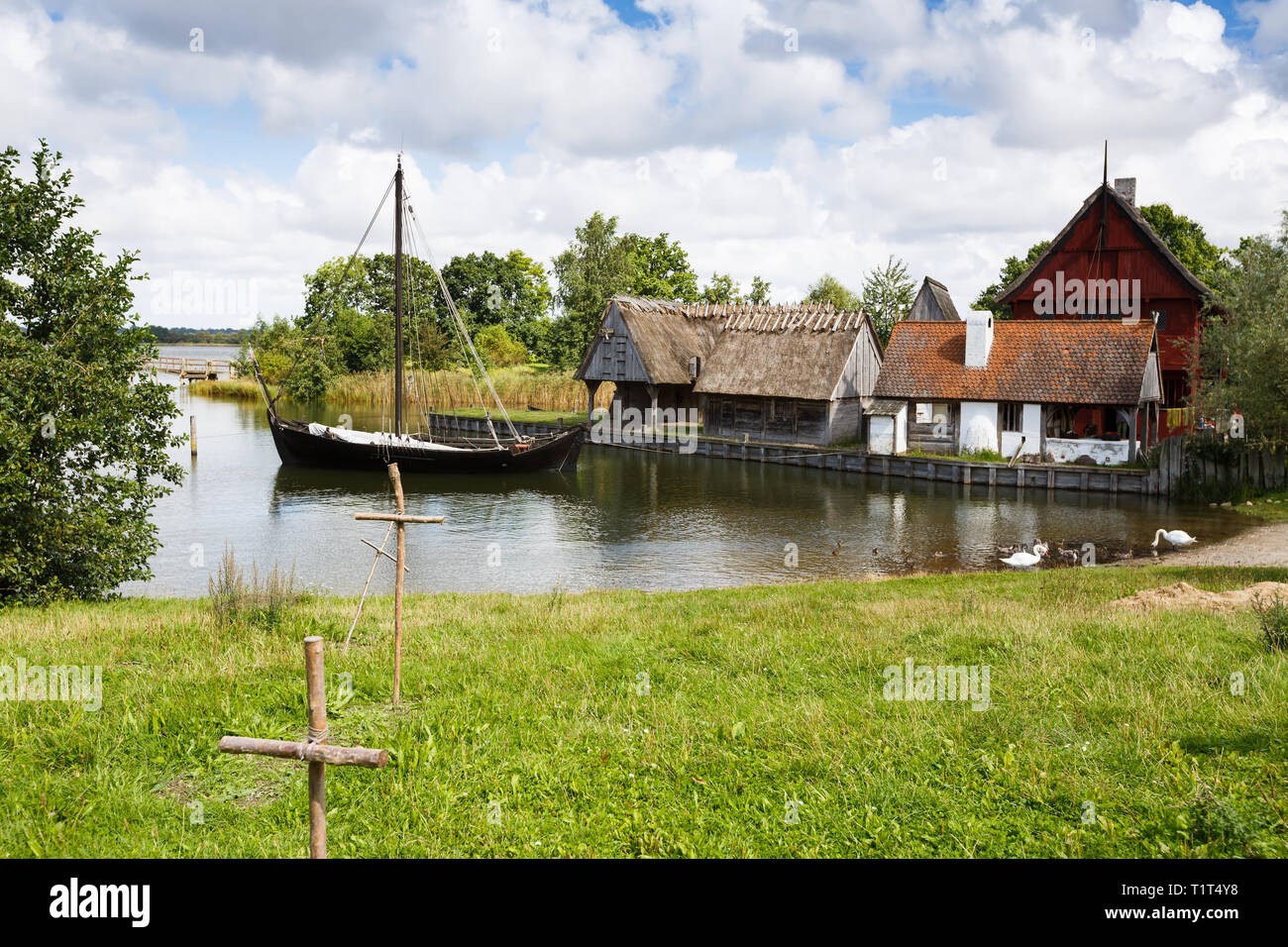 The medieval houses and boats in The Middle Ages Center, the ...