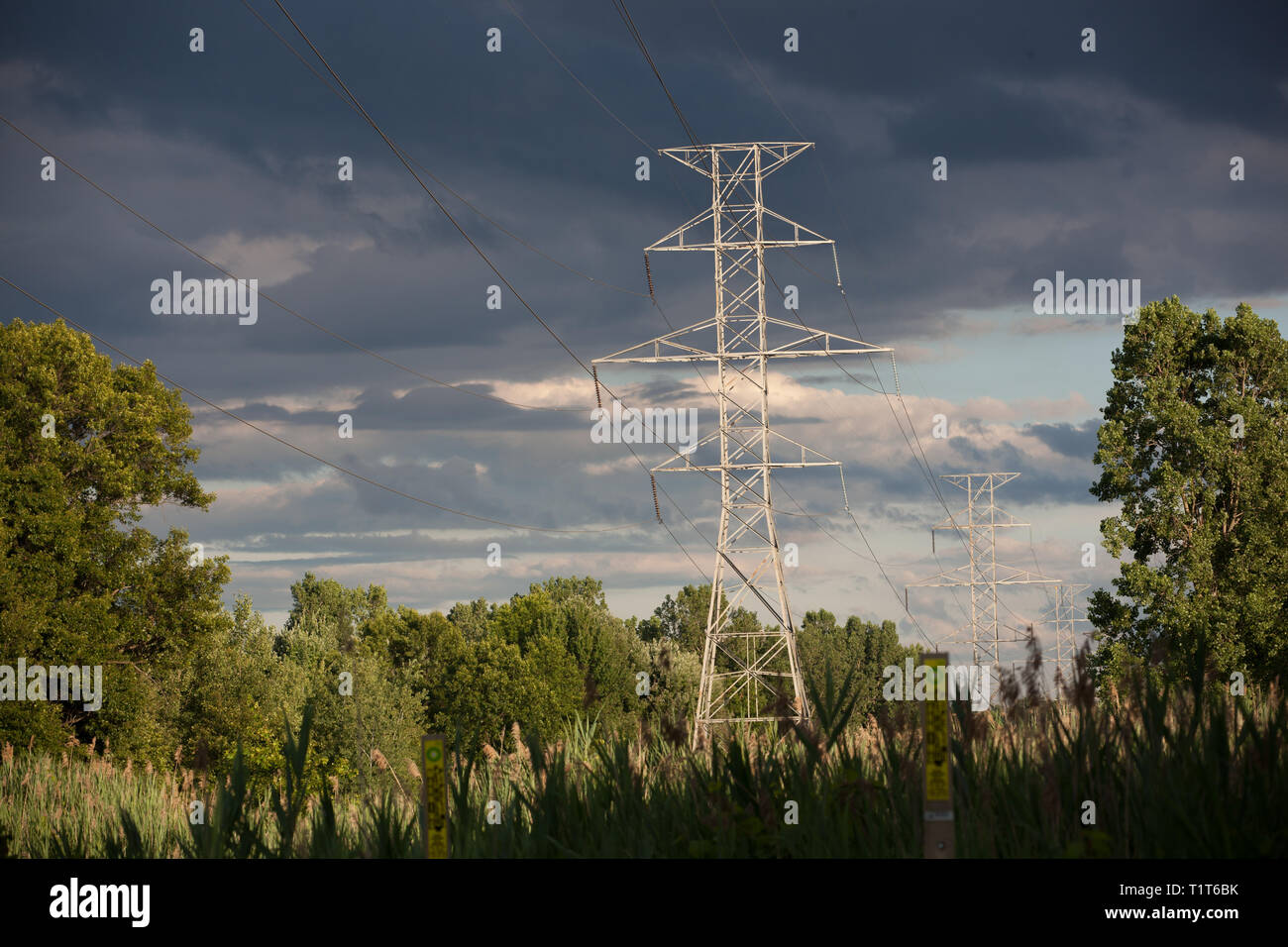 Power Industry Electrical Grid Transmission Lines to Supply Electricity with Tower Wires Stock Photo