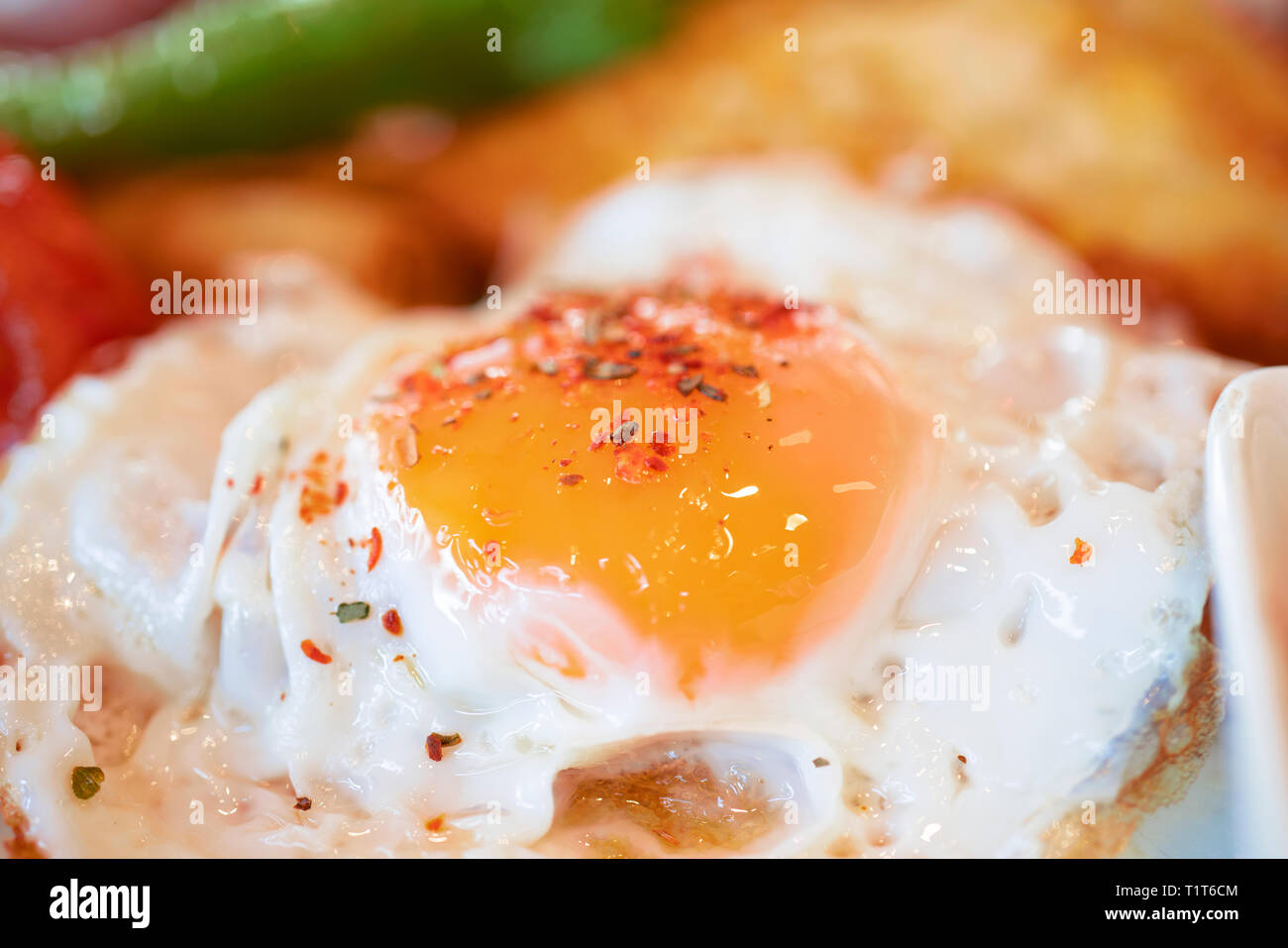 Photo of fried eggs close up, breakfast Stock Photo