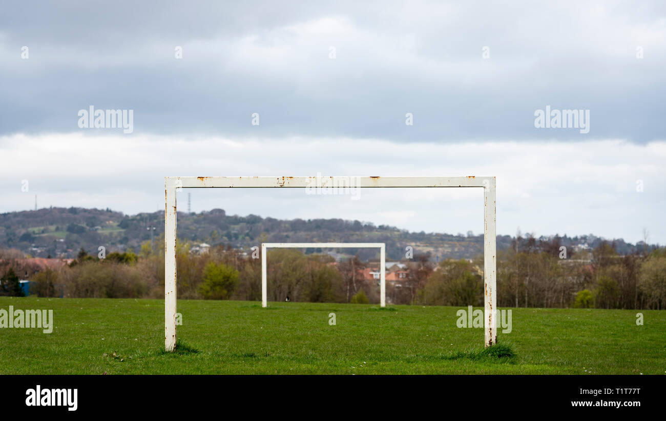 Football pitch goalposts at Hailes Quarry Park, Wester Hailes, Edinburgh, Scotland, UK Stock Photo