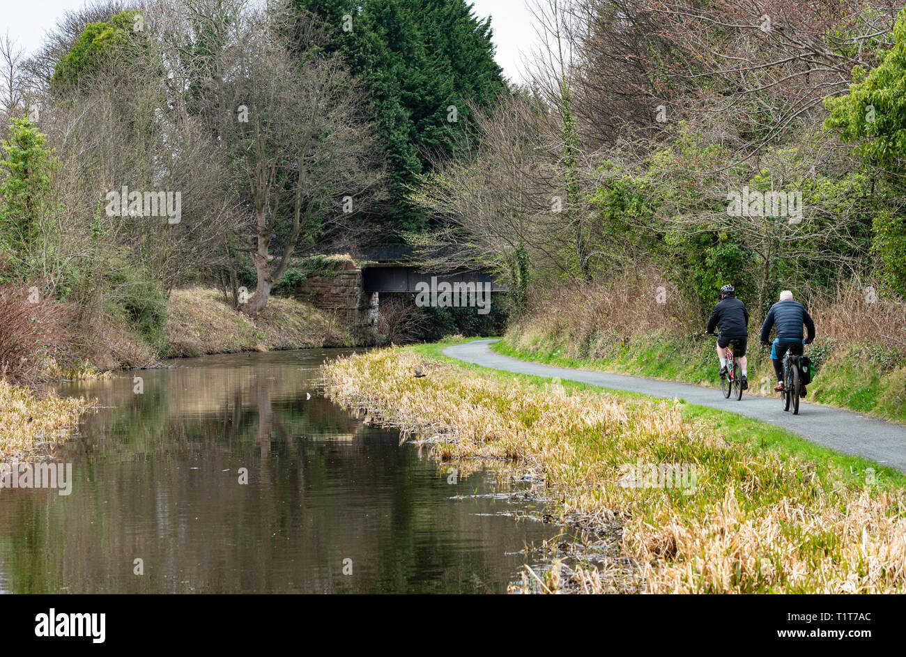 Cyclists on the towpath of the Union Canal in early spring  in Edinburgh, Scotland, UK Stock Photo