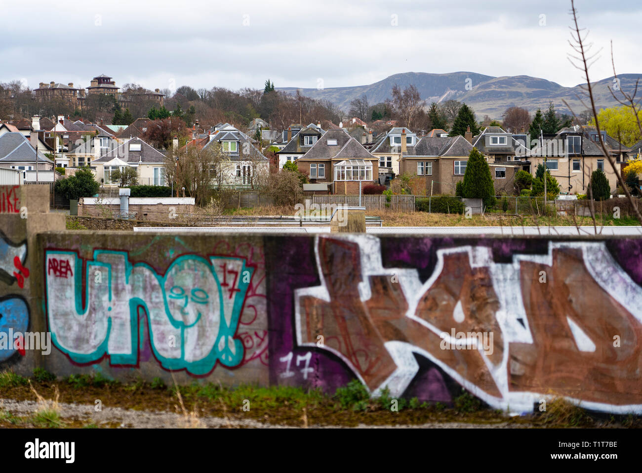 View of bungalows at Craiglockhart suburb from the Union Canal in Edinburgh, Scotland, UK Stock Photo