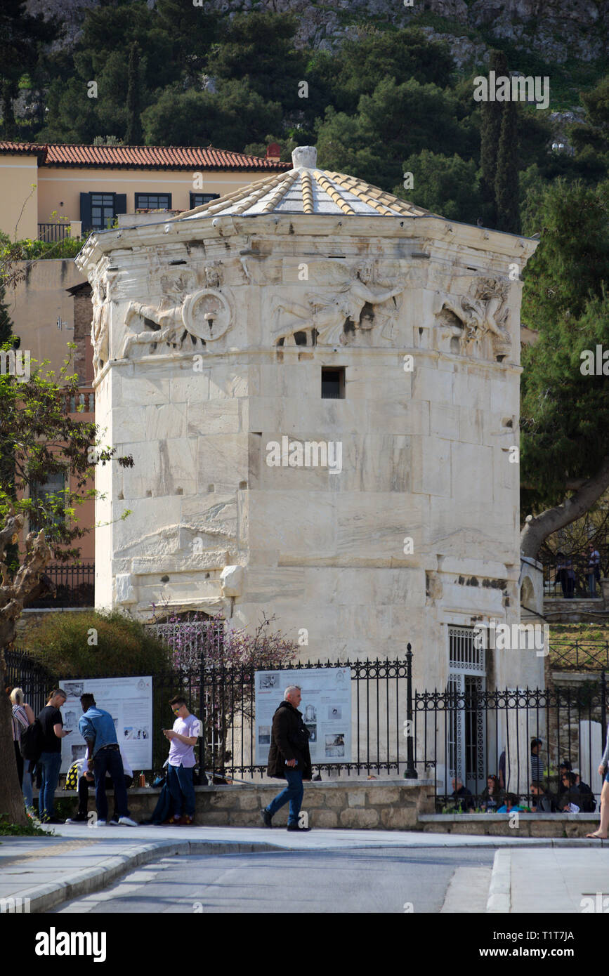 Aerides (Tower of Winds) is located in Plaka (Athens, Greece). Marble-made around 50BC is considered the first meteorological station. Stock Photo