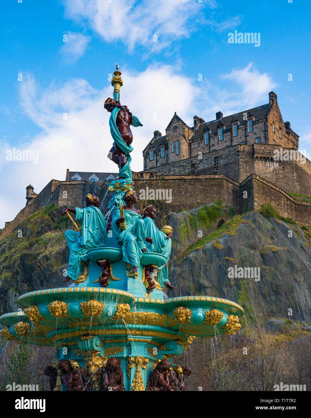Ross Fountain in original colours after 2018 renovation with Edinburgh Castle to rear in Princes Street Gardens, Edinburgh, Scotland ,UK Stock Photo