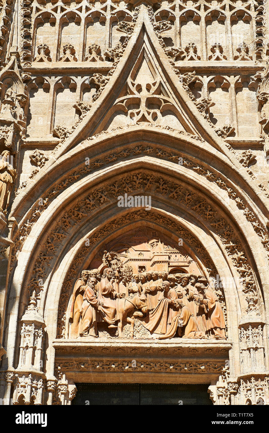 Christ S Entry Into Jerusalem By Lope Marin In 1548 On The Gothic Puerta De Campanilla Entrance Door Of The Cathedral Of Seville Spain Stock Photo Alamy