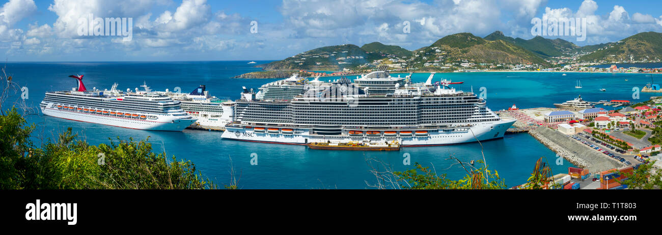 Carnival and Msc Seaside super Cruise ships at the port of St. John's Antigua is the capital and largest city of Antigua and Barbuda, located in the W Stock Photo