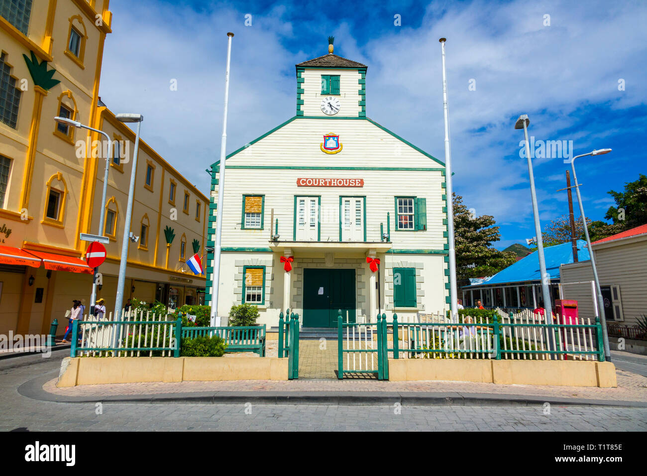 The Courthouse at A cruise ship destination in the caribbean Philipsburg is the main town and capital of the country of Saint Sint Maarten. The town i Stock Photo