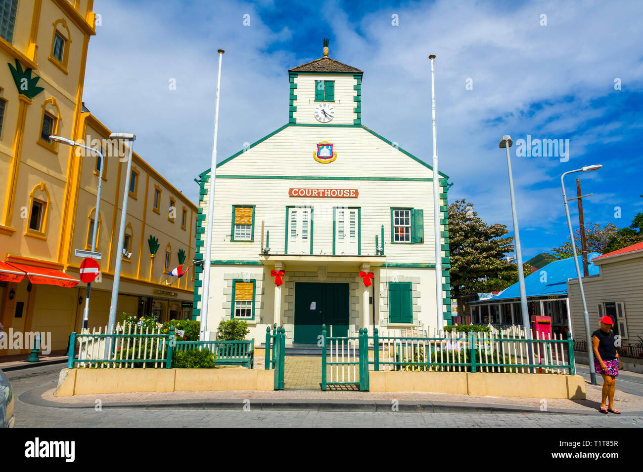 The Courthouse at A cruise ship destination in the caribbean Philipsburg is the main town and capital of the country of Saint Sint Maarten. The town i Stock Photo
