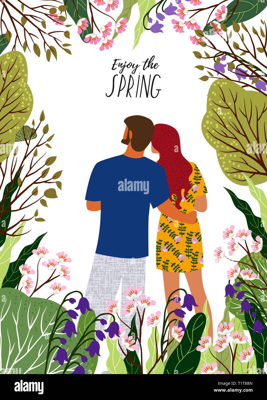 Enjoy the spring. Young couple, flowers, trees in a trendy flat cute style on a white background. Vertical Vector illustration Stock Vector