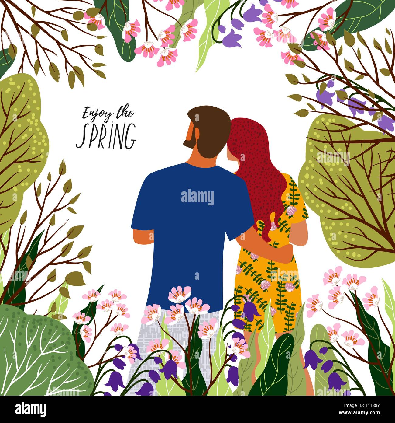 Enjoy the spring. Young couple, flowers, trees in a trendy flat cute style on a white background. Vector illustration Stock Vector