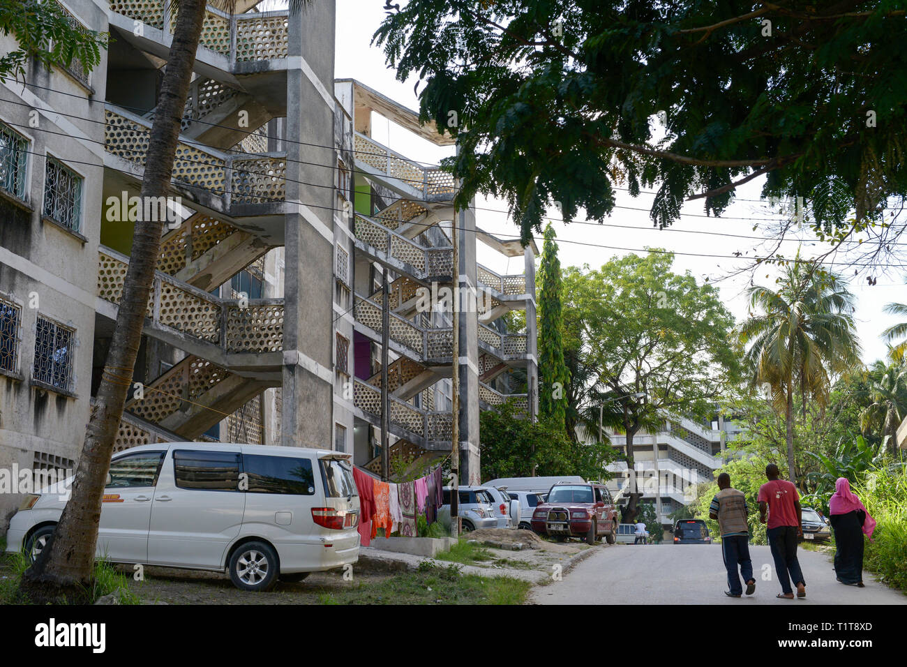 TANZANIA, Zanzibar, Stone town, old block buildings, build during 1980ies after architecture design from East Germany GDR Stock Photo