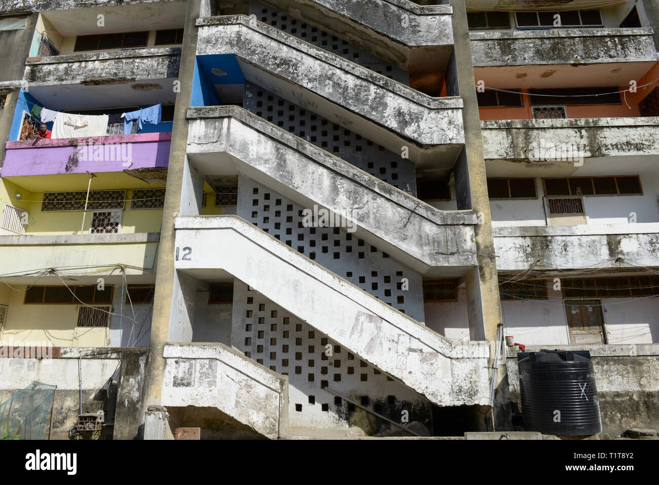 TANZANIA, Zanzibar, Stone town, old block buildings, build during 1980ies after architecture design from East Germany GDR Stock Photo