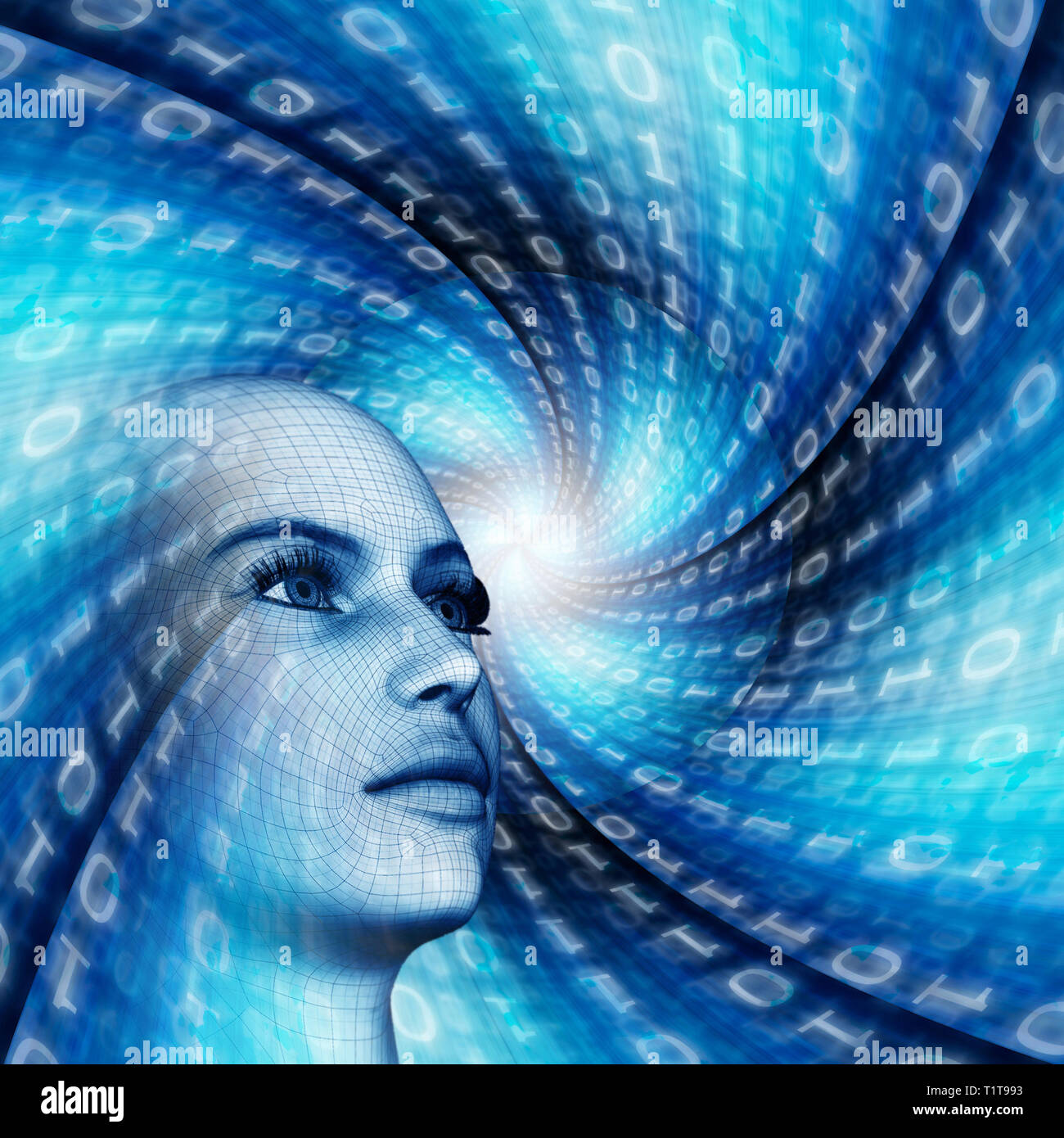 male humanoid head as concept for Artificial Intelligence, future generations of humans, cyberlife and digitally created personas Stock Photo