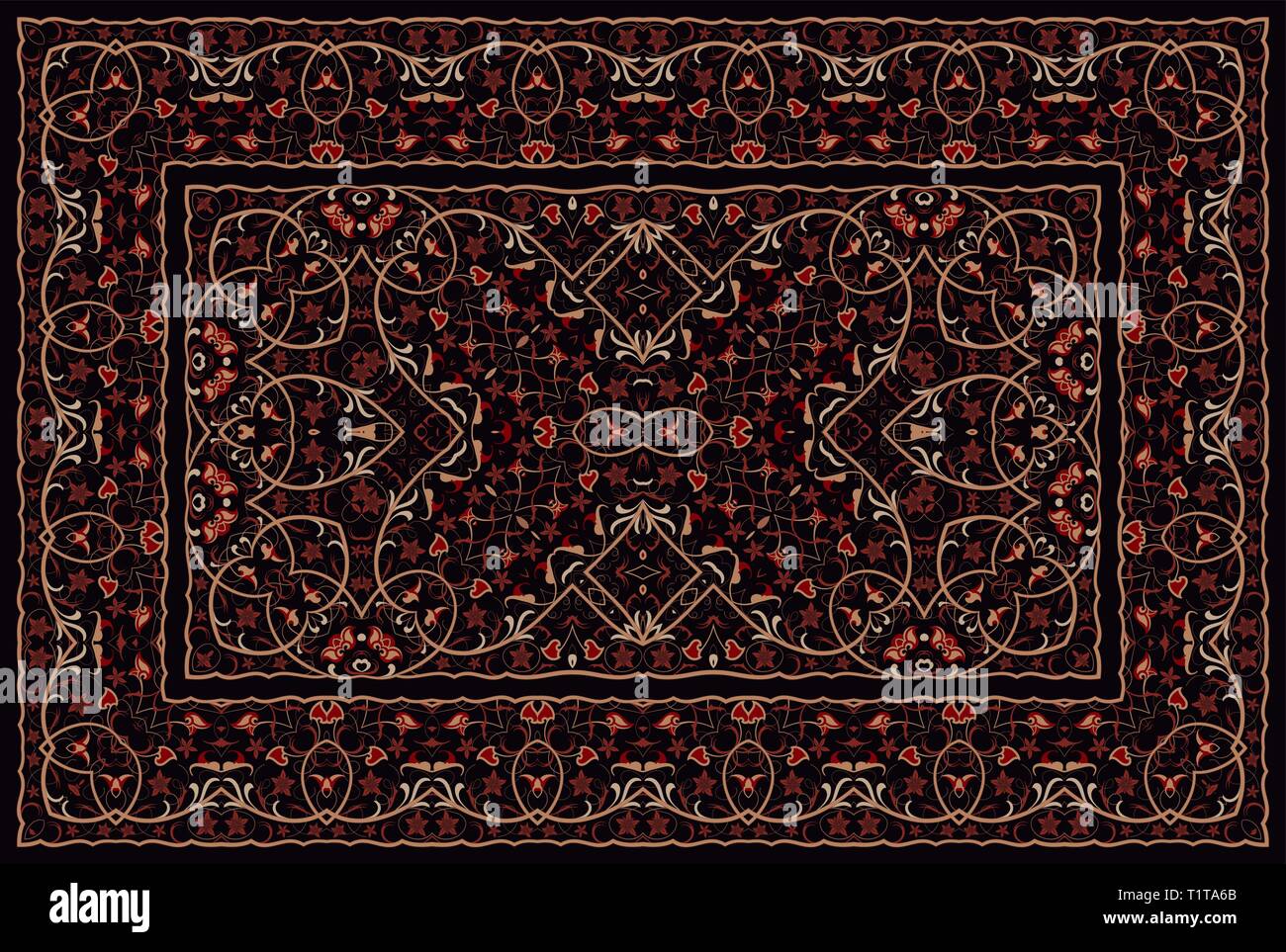 Vintage Arabic pattern. Persian colored carpet. Rich ornament for fabric design, handmade, interior decoration, textiles. Red background. Stock Vector
