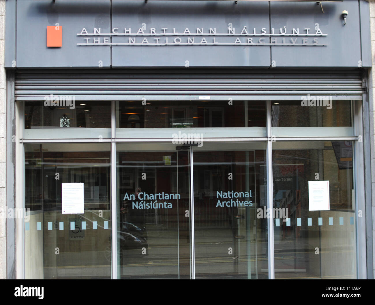 The entrance to the National Archives in Bishop Street, Dublin. The building records  include census returns, wills and testaments. Stock Photo