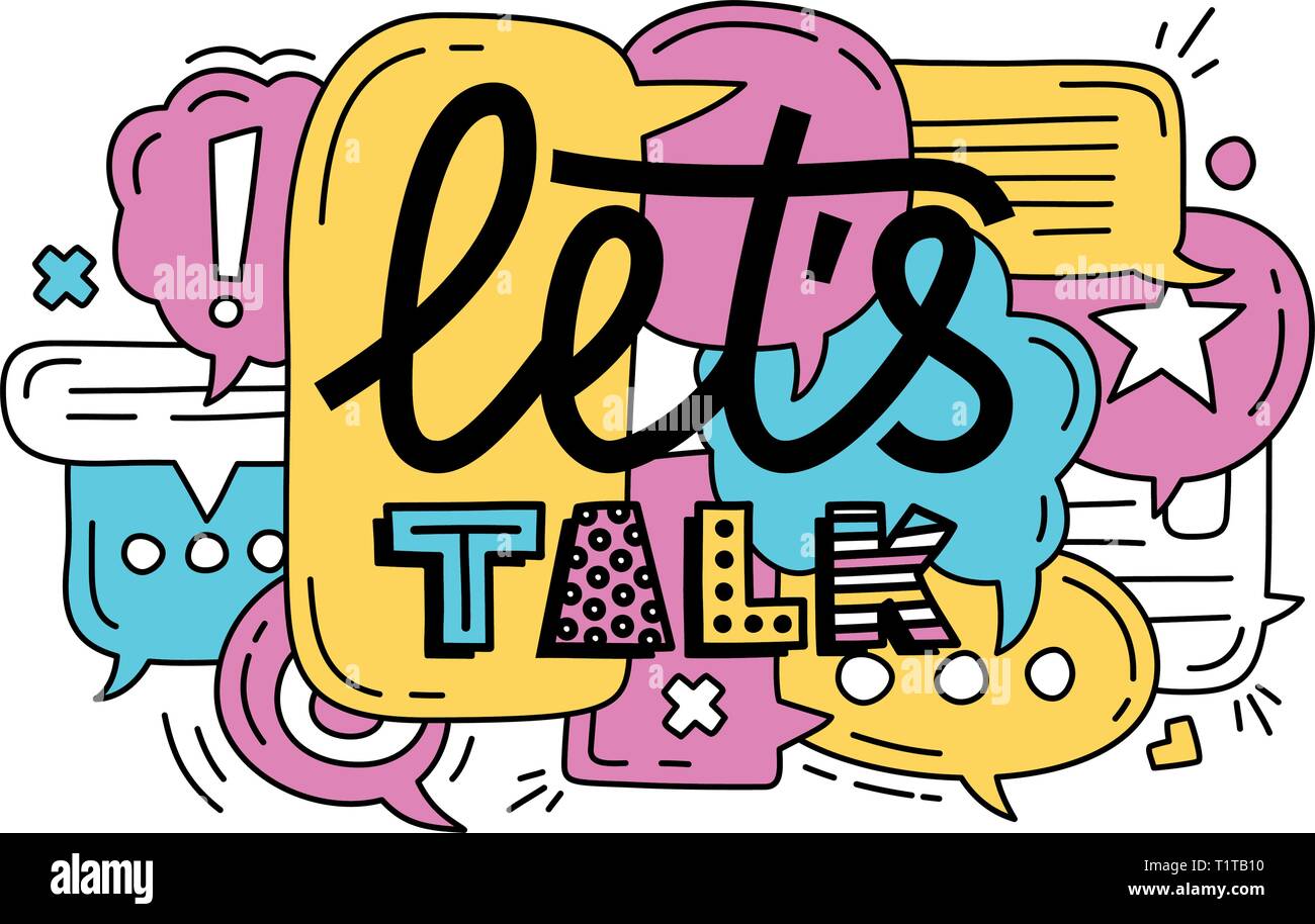 Doodle illustration of colorful dialog speech bubbles with icons and ...