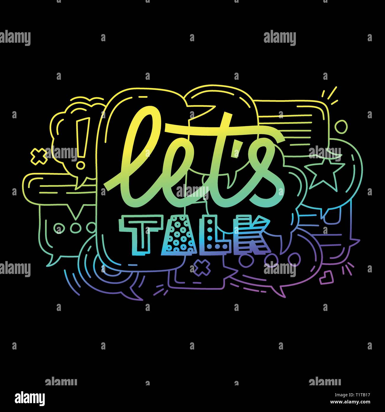 Doodle illustration of colorful dialog speech bubbles with icons and ...