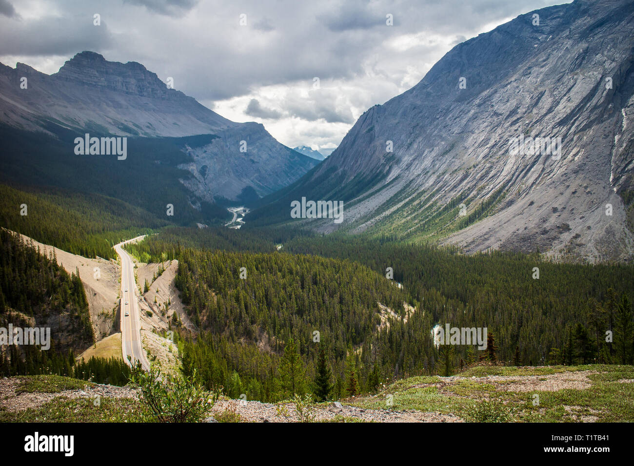 View of Route 93 Icefield Parkway road near Cirrus Mountain British Columbia Canada. Vehicles in distance Stock Photo