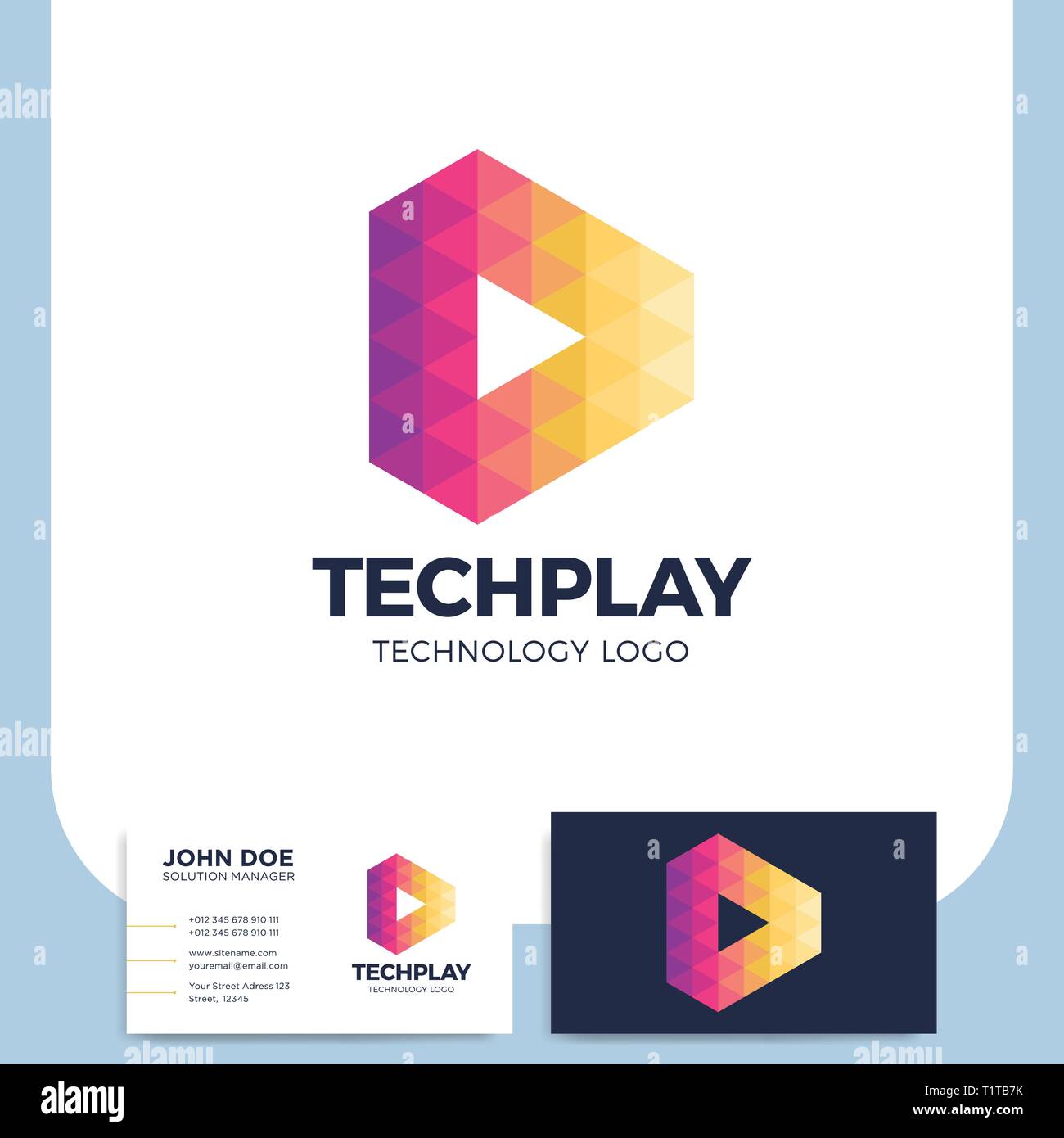 Multicolor triangle shape media play button logo or symbol in polygonal ...